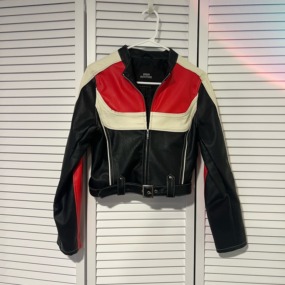 Cropped vegan leather racing jacket - Black, Red, and Cream